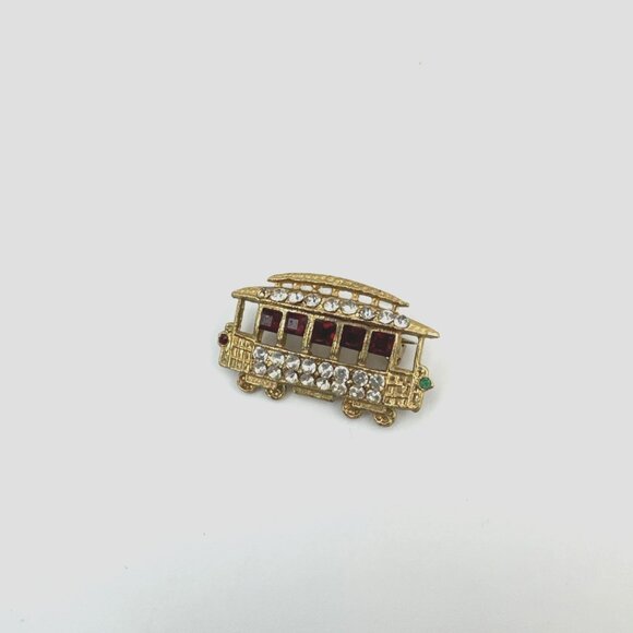 VTG San Francisco Cable Car Trolley Brooch/Pin Red Rhinestone Gold Tone Lapel - Picture 3 of 4